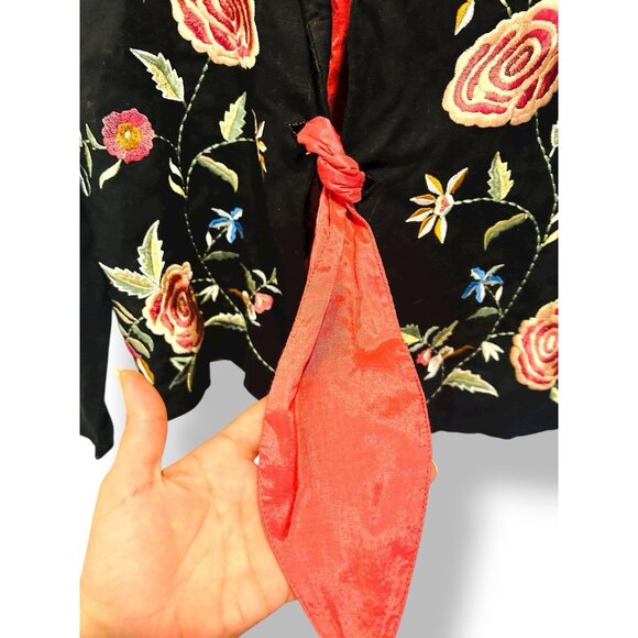 Soft Surroundings Tie Front Blazer Jacket Size Med Floral Black Pink Embroidered - Picture 6 of 14